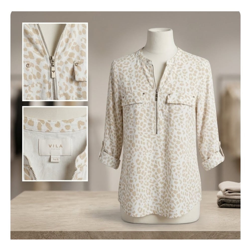 Vila Belle Leopard Print Quarter Zip Roll Tab Sleeve Blouse Tan Cream Small